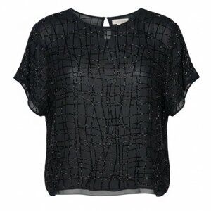 Vintage 100% Silk Chiffon Blouse Black Glass Beading Embellishment Sz L Cropped